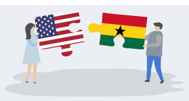 Amerikan ve Gana bayrakları ile iki bulmaca parçaları tutan çift. Amerika Birleşik Devletleri ve Gana ulusal sembolleri birlikte.