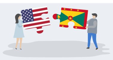 Amerikan ve Grenadian bayrakları ile iki bulmaca parçaları tutan çift. Amerika Birleşik Devletleri ve Grenada ulusal semboller i.