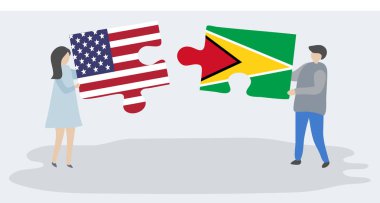 Amerikan ve Guyanese bayrakları ile iki bulmaca parçaları tutan çift. Amerika Birleşik Devletleri ve Guyana ulusal sembolleri birlikte.