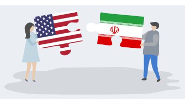 Amerikan ve İran bayrakları ile iki bulmaca parçaları tutan çift. Amerika Birleşik Devletleri ve İran ulusal sembolleri birlikte.