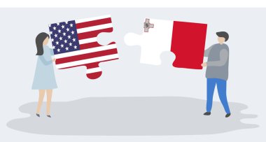 Amerikan ve Malta bayrakları ile iki bulmaca parçaları tutan çift. Amerika Birleşik Devletleri ve Malta ulusal sembolleri birlikte.