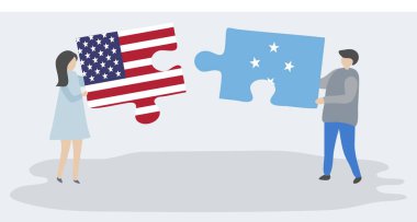 Amerikan ve Mikronezya bayrakları ile iki bulmaca parçaları tutan çift. Amerika Birleşik Devletleri ve Mikronezya ulusal semboller i.