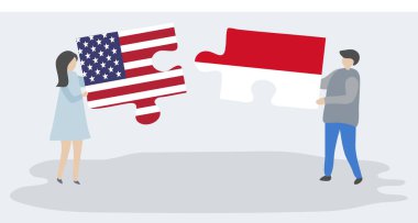 Amerikan ve Monegasque bayrakları ile iki bulmaca parçaları tutan çift. Amerika Birleşik Devletleri ve Monako ulusal sembolleri birlikte.