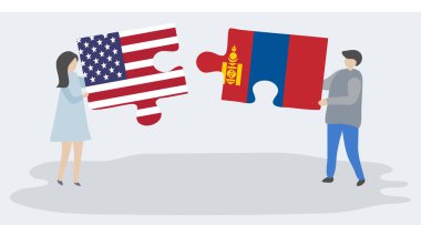 Amerikan ve Moğol bayrakları ile iki bulmaca parçaları tutan çift. Amerika Birleşik Devletleri ve Moğolistan ulusal sembolleri birlikte.