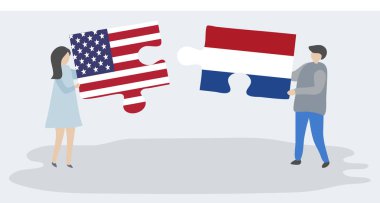 Amerikan ve Hollanda bayrakları ile iki bulmaca parçaları tutan çift. Amerika Birleşik Devletleri ve Hollanda ulusal sembolleri birlikte.