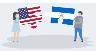 Amerikan ve Nikaragua bayrakları ile iki bulmaca parçaları tutan çift. Amerika Birleşik Devletleri ve Nikaragua ulusal sembolleri birlikte.
