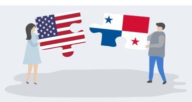 Amerikan ve Panama bayrakları ile iki bulmaca parçaları tutan çift. Amerika Birleşik Devletleri ve Panama ulusal sembolleri birlikte.