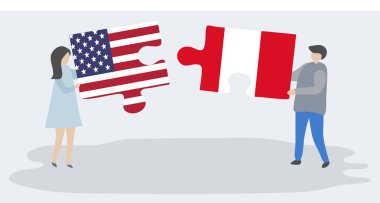 Amerikan ve Perulu bayrakları ile iki bulmaca parçaları tutan çift. Amerika Birleşik Devletleri ve Peru ulusal sembolleri birlikte.