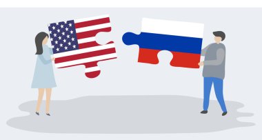Amerikan ve Rus bayrakları ile iki bulmaca parçaları tutan çift. Amerika Birleşik Devletleri ve Rusya ulusal sembolleri birlikte.