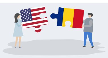 Amerikan ve Romen bayrakları ile iki bulmaca parçaları tutan çift. Amerika Birleşik Devletleri ve Romanya ulusal sembolleri birlikte.