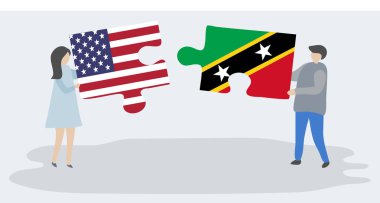 Amerikan ve Kittitian bayrakları ile iki bulmaca parçaları tutan çift. Amerika Birleşik Devletleri ve Saint Kitts ve Nevis ulusal sembolleri birlikte.