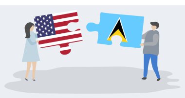 Amerikan ve Saint Lucian bayrakları ile iki bulmaca parçaları tutan çift. Amerika Birleşik Devletleri ve Saint Lucia ulusal sembolleri birlikte.