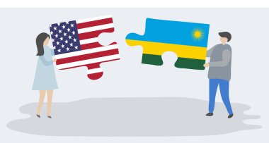 Amerikan ve Ruanda bayrakları ile iki bulmaca parçaları tutan çift. Amerika Birleşik Devletleri ve Ruanda ulusal sembolleri birlikte.