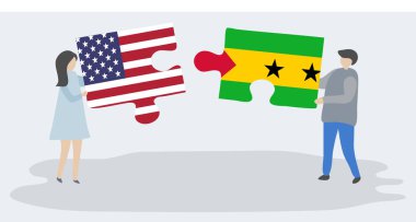 Amerikan ve Sao Tomean bayrakları ile iki bulmaca parçaları tutan çift. Amerika Birleşik Devletleri ve Sao Tome ve Principe ulusal semboller birlikte.