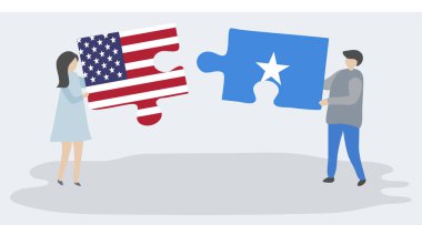 Amerikan ve Somali bayrakları ile iki bulmaca parçaları tutan çift. Amerika Birleşik Devletleri ve Somali ulusal sembolleri birlikte.