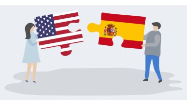 Amerikan ve İspanyol bayrakları ile iki bulmaca parçaları tutan çift. Amerika Birleşik Devletleri ve İspanya ulusal sembolleri birlikte.