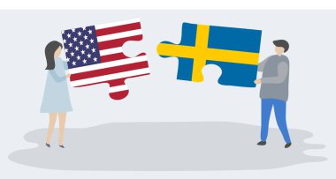 Amerikan ve İsveç bayrakları ile iki bulmaca parçaları tutan çift. Amerika Birleşik Devletleri ve İsveç ulusal sembolleri birlikte.