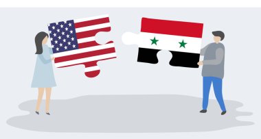 Amerikan ve Suriye bayrakları ile iki bulmaca parçaları tutan çift. Amerika Birleşik Devletleri ve Suriye ulusal sembolleri birlikte.