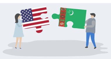 Amerikan ve Türkmen bayrakları ile iki bulmaca parçaları tutan çift. Amerika Birleşik Devletleri ve Türkmenistan ulusal sembolleri birlikte.