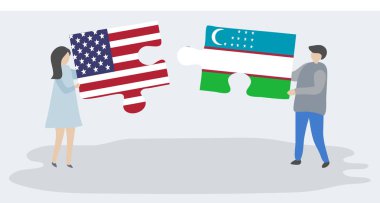 Amerikan ve Özbek bayrakları ile iki bulmaca parçaları tutan çift. Amerika Birleşik Devletleri ve Özbekistan ulusal sembolleri birlikte.