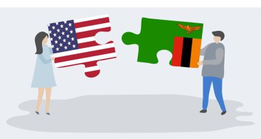 Amerikan ve Zambiya bayrakları ile iki bulmaca parçaları tutan çift. Amerika Birleşik Devletleri ve Zambiya ulusal sembolleri birlikte.