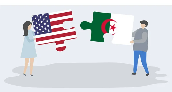 Dvojice Americkými Alžírskými Vlajkami Drží Dvě Skládanky Společné Národní Symboly — Stockový vektor