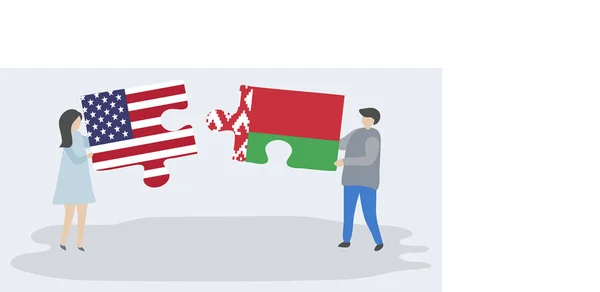 Para Trzyma Dwa Puzzle Kawałki Amerykańskimi Białoruskich Flag Stany Zjednoczone — Wektor stockowy