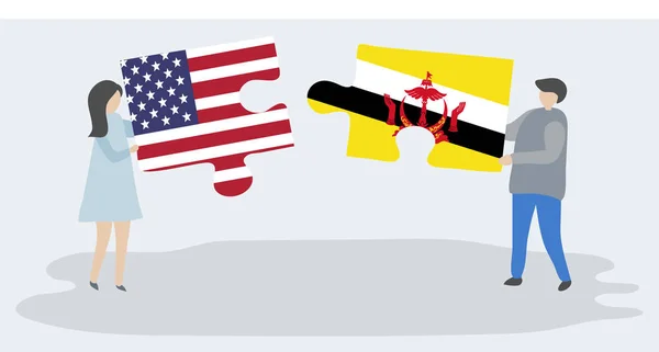 Пара Держащая Две Головоломки Американскими Брунейскими Флагами Соединённые Штаты Америки — стоковый вектор