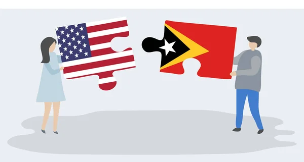 Paar Mit Zwei Puzzleteilen Mit Amerikanischen Und Zeitgenössischen Flaggen Vereinigte — Stockvektor