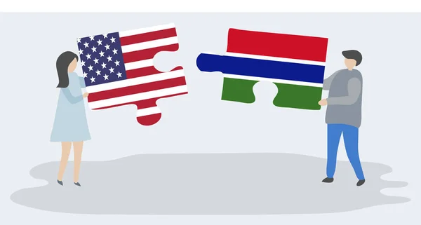 Pareja Sosteniendo Dos Piezas Rompecabezas Con Banderas Americanas Gambianas Estados — Vector de stock