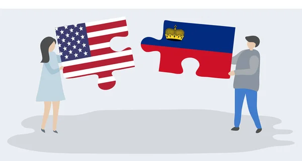 Paar Houden Twee Puzzels Stukken Met Amerikaanse Liechtenstein Vlaggen Verenigde — Stockvector