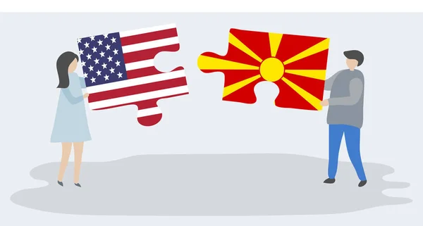 Casal Segurando Duas Peças Quebra Cabeças Com Bandeiras Americanas Macedônias — Vetor de Stock