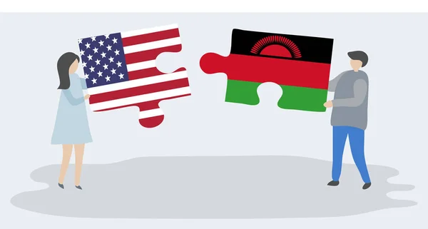 Couple Tenant Deux Pièces Puzzles Avec Des Drapeaux Américains Malawiens — Image vectorielle