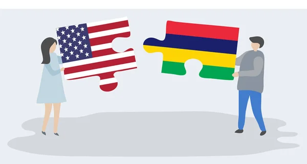 Paar Mit Zwei Puzzleteilen Mit Amerikanischen Und Mauritischen Flaggen Vereinigte — Stockvektor