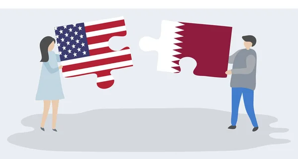 Paar Houden Twee Puzzels Stukken Met Amerikaanse Qatari Vlaggen Verenigde — Stockvector