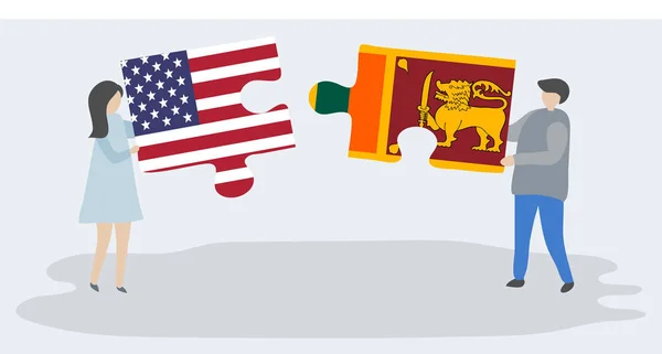 アメリカとスリランカの旗を持つ2つのパズルピースを保持しているカップル アメリカ合衆国とスリランカの国のシンボル — ストックベクタ
