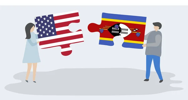 Paar Houden Twee Puzzels Stukken Met Amerikaanse Swazi Vlaggen Verenigde — Stockvector