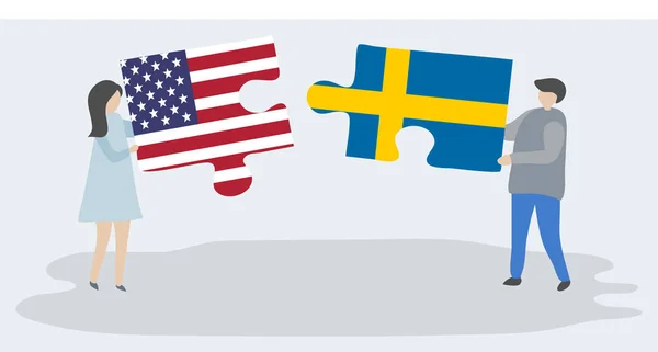 アメリカとスウェーデンの旗を持つ2つのパズルのピースを保持しているカップル アメリカ合衆国とスウェーデンの国のシンボル — ストックベクタ