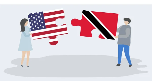 Paar Mit Zwei Puzzleteilen Mit Amerikanischen Und Trinidadischen Flaggen Vereinigte — Stockvektor