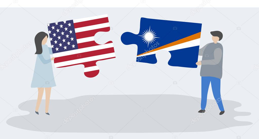 Couple holding two puzzles pieces with American and Marshallese flags. United States of America and Marshall Islands national symbols together.
