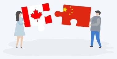 Çift Kanada ve Çin bayrakları ile iki bulmaca parçaları tutan. Kanada ve Çin ulusal sembolleri birlikte.