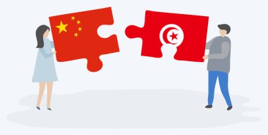 Çift Çin ve Tunus bayrakları ile iki bulmaca parçaları tutan. Çin ve Tunus ulusal sembolleri birlikte.