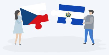Çek ve Salvador bayrakları ile iki bulmaca parçaları tutan çift. Çek Cumhuriyeti ve El Salvador ulusal sembolleri birlikte.