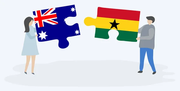 Pareja Sosteniendo Dos Piezas Rompecabezas Con Banderas Australia Ghana Australia — Archivo Imágenes Vectoriales