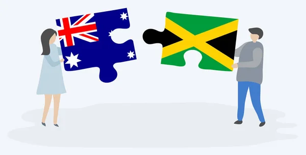 Paar Houden Twee Puzzels Stukken Met Australische Jamaicaanse Vlaggen Australië — Stockvector