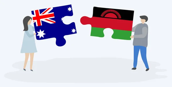Para Trzyma Dwa Kawałki Puzzli Australijskich Malawi Flagi Symbole Narodowe — Wektor stockowy
