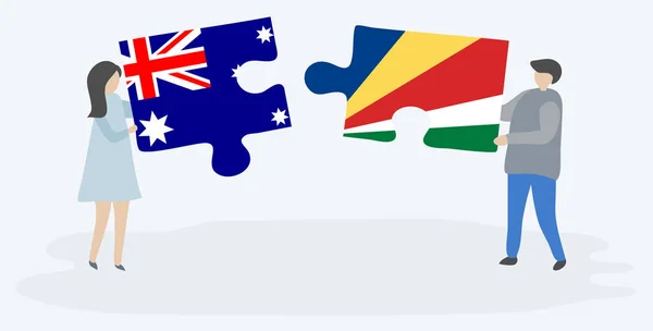 Paar Houden Twee Puzzels Stukken Met Australische Seychellois Vlaggen Australië — Stockvector