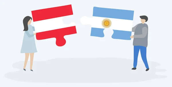 Paar Houden Twee Puzzels Stukken Met Oostenrijkse Argentijnse Vlaggen Oostenrijk — Stockvector