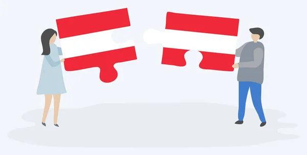 一对夫妇拿着两块带有奥地利和奥地利国旗的拼图 奥地利和奥地利国家符号在一起 — 图库矢量图片