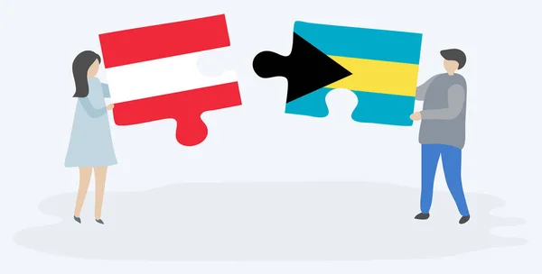 一对夫妇拿着两块拼图 上面挂着奥地利和巴哈马国旗 奥地利和巴哈马国家符号在一起 — 图库矢量图片